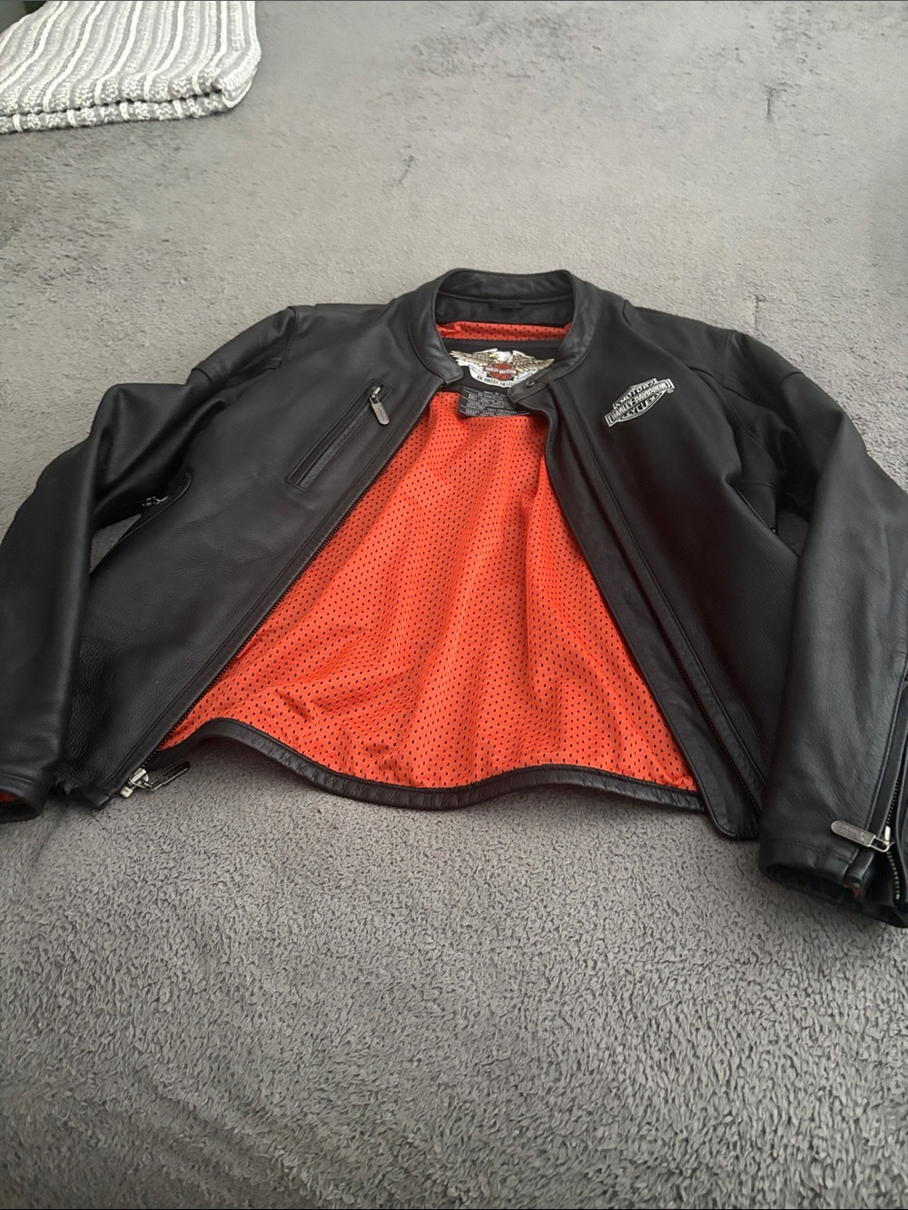 Harley-Davidson Black Leather Bomber Jacket with Orange Mesh Lining - Picture 2 of 4